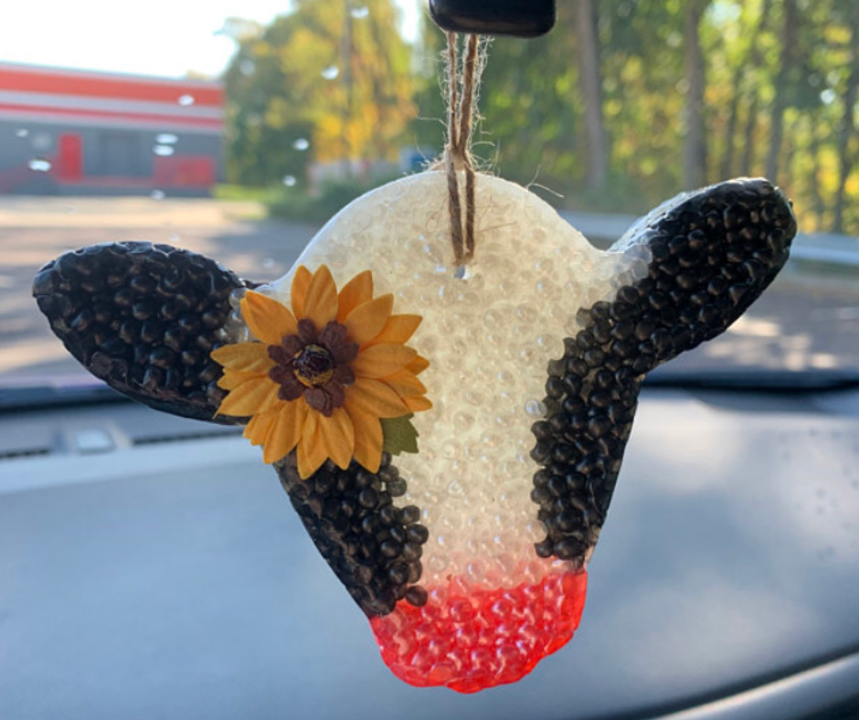 Cow Car Freshie vanilla scented cow beads pink white black air freshener